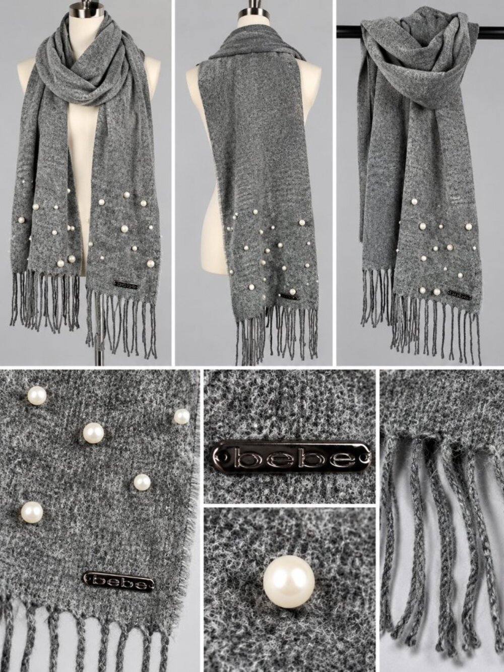bebe Grey Knit Pearl Embellished Fringe Wrap Scarf